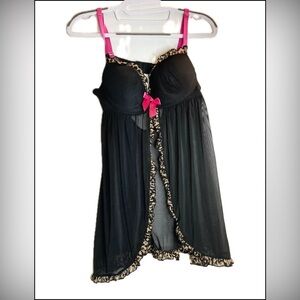 Black Babydoll Chemise with Pink Accents and Leopard Trim